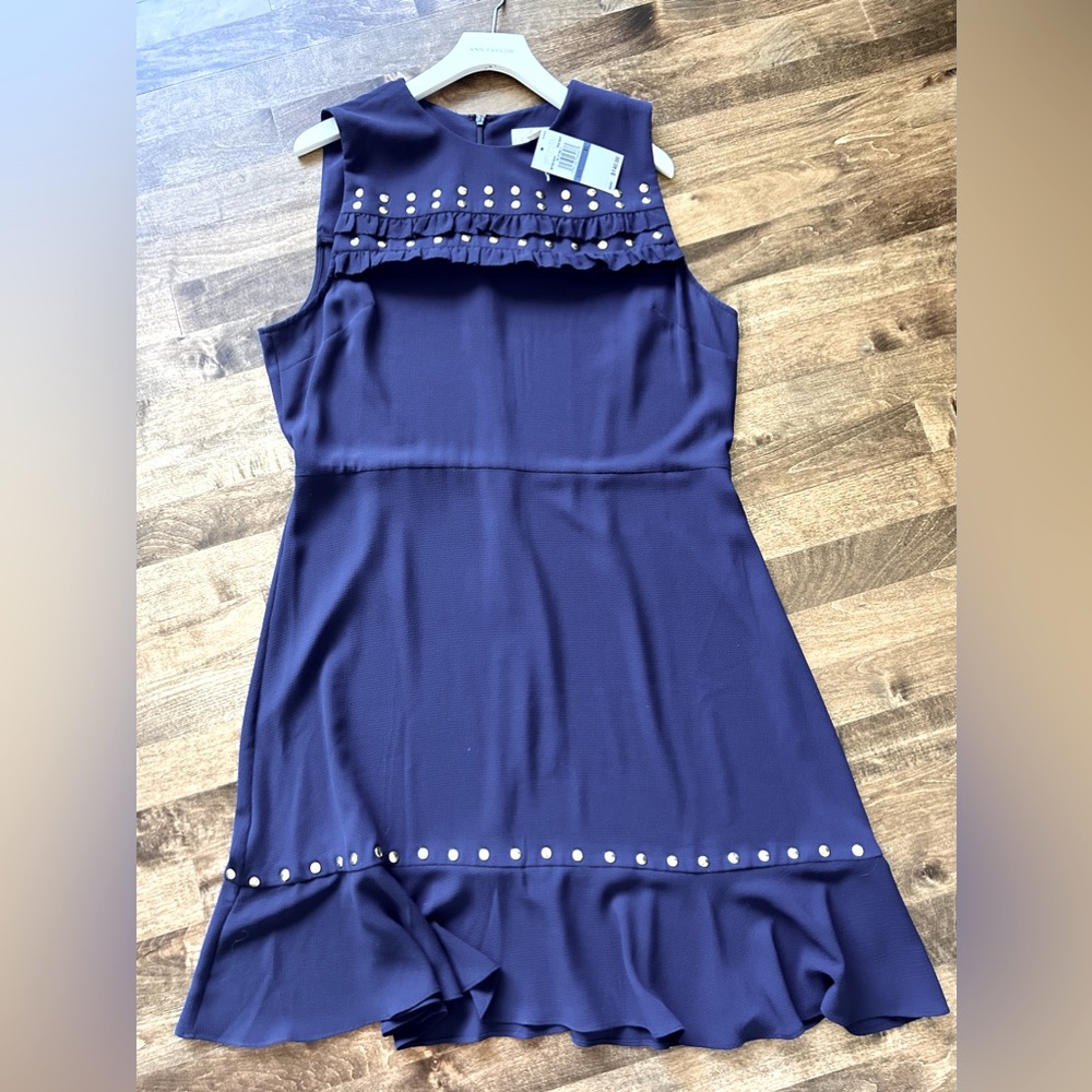 Beautiful Michael Kors navy dress with gold rivets, wavy skirt hem. Size XL NWT